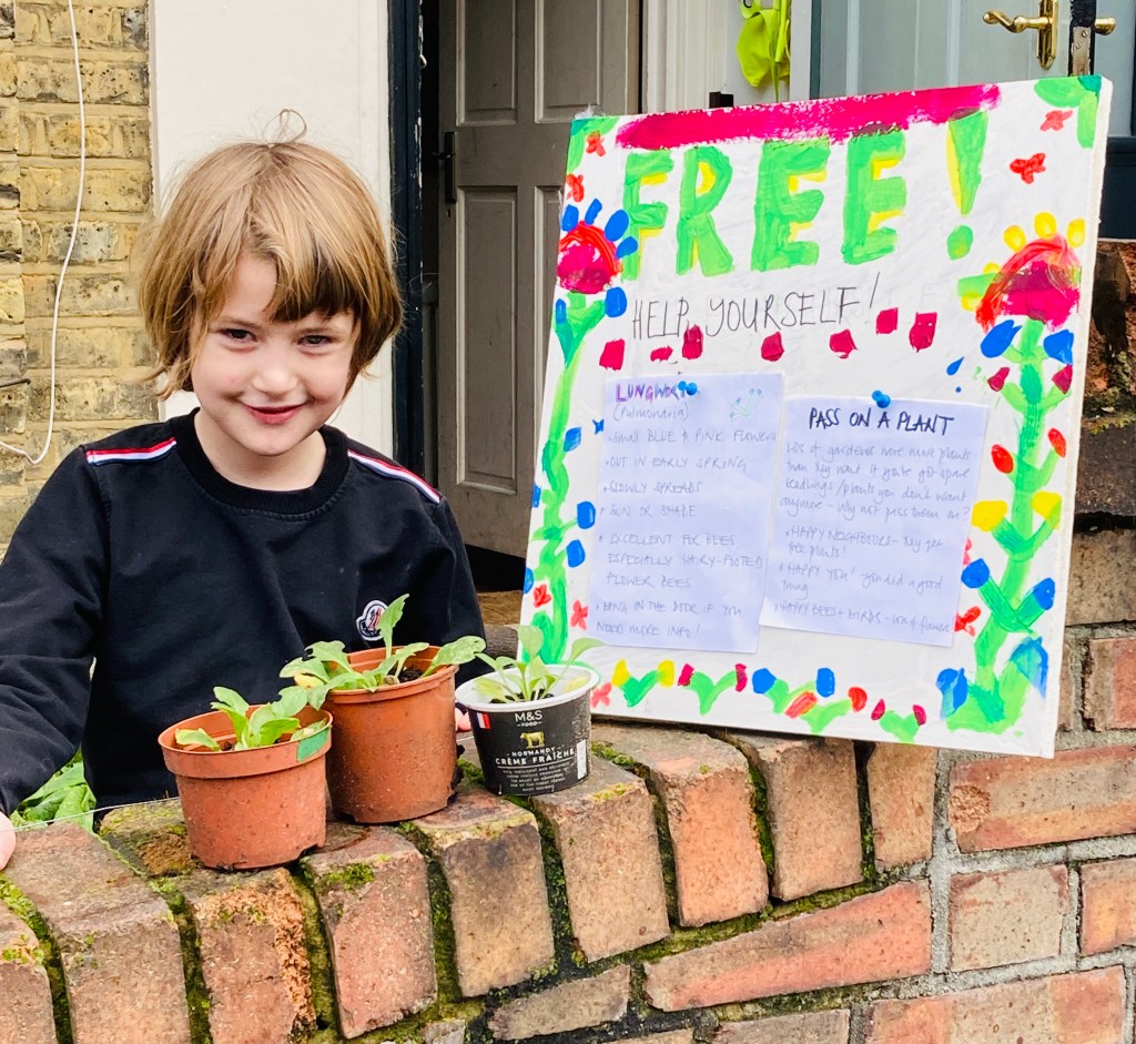 Child with sign and plants